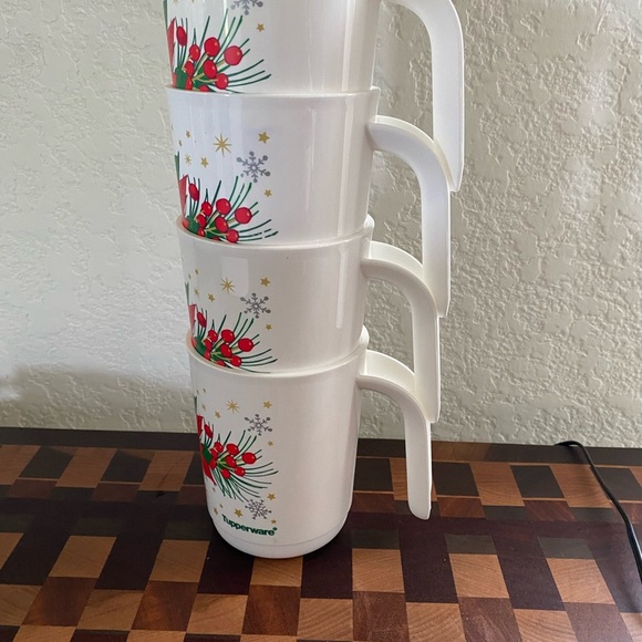 4 Tupperware Ilumina Poinsettia Festive Holiday Stackable Mugs Red White 350ml - Picture 6 of 14